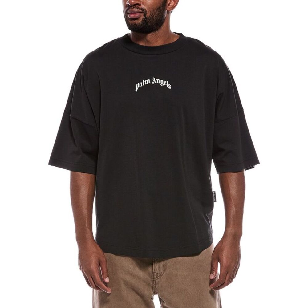Palm Angels Mens Back Curved Logo Over T-Shirt, Black